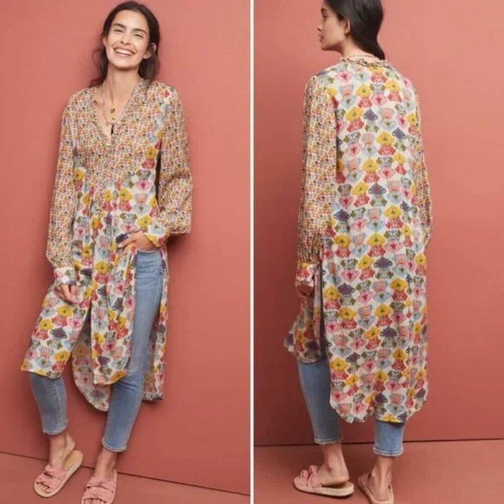 Anthropologie Floral High-Low Dress Tunic in Yellow, Pink, Blue